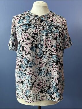 Karl Lagerfeld Black Floral Tie-Neck Short Sleeve Blouse